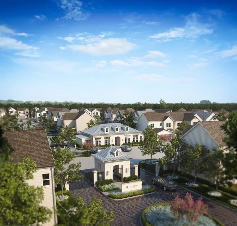 Aerial rendering of the LightHaven community entrance