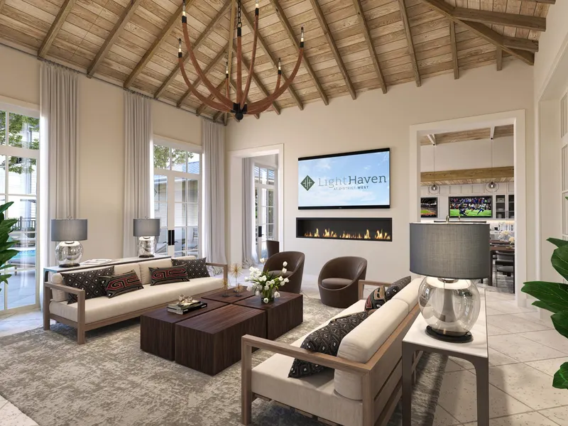 Clubhouse lounge under a vaulted wood ceiling