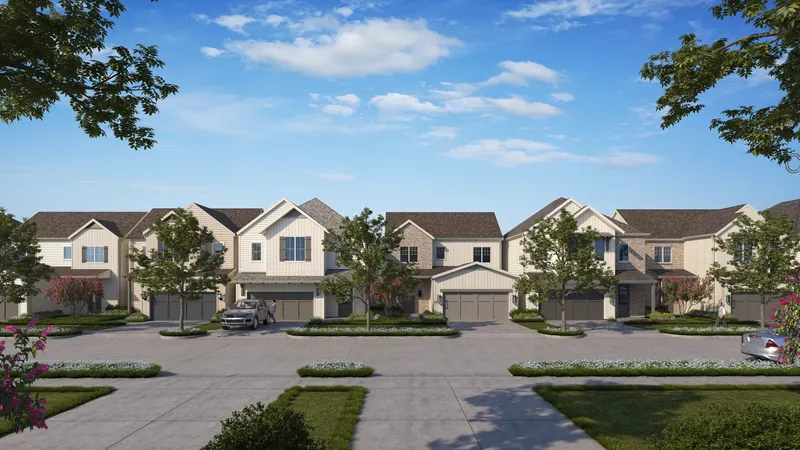 Streetscape of LightHaven homes with two-car garages