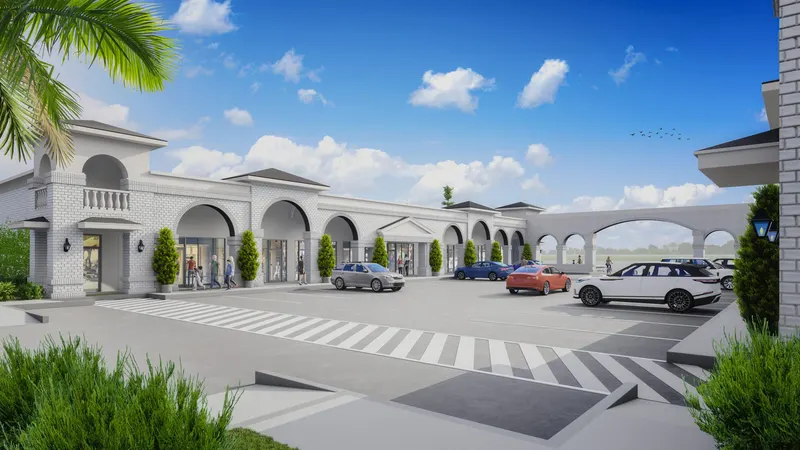 Arched colonnade and parking at the retail frontage