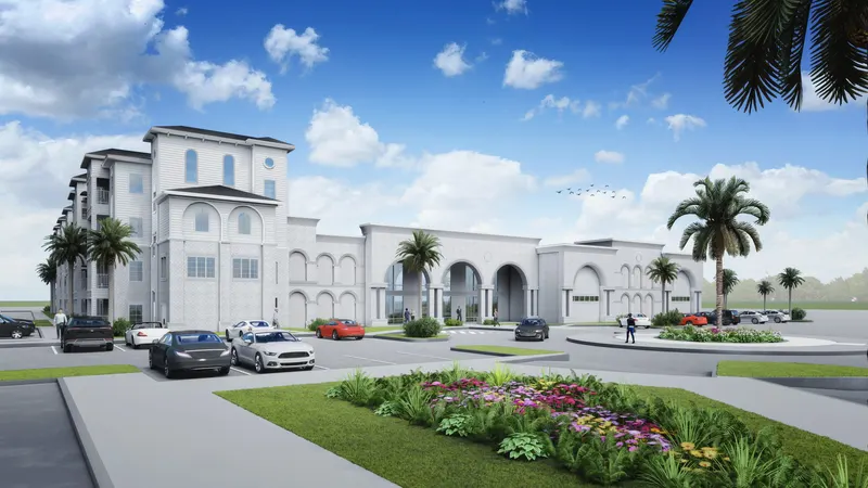 Community house rendering with palms and gardens