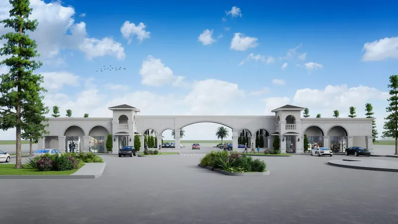 Retail arcade rendering along the entry drive