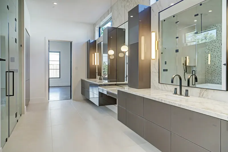 Primary bath with double vanity, makeup desk and walk-in shower
