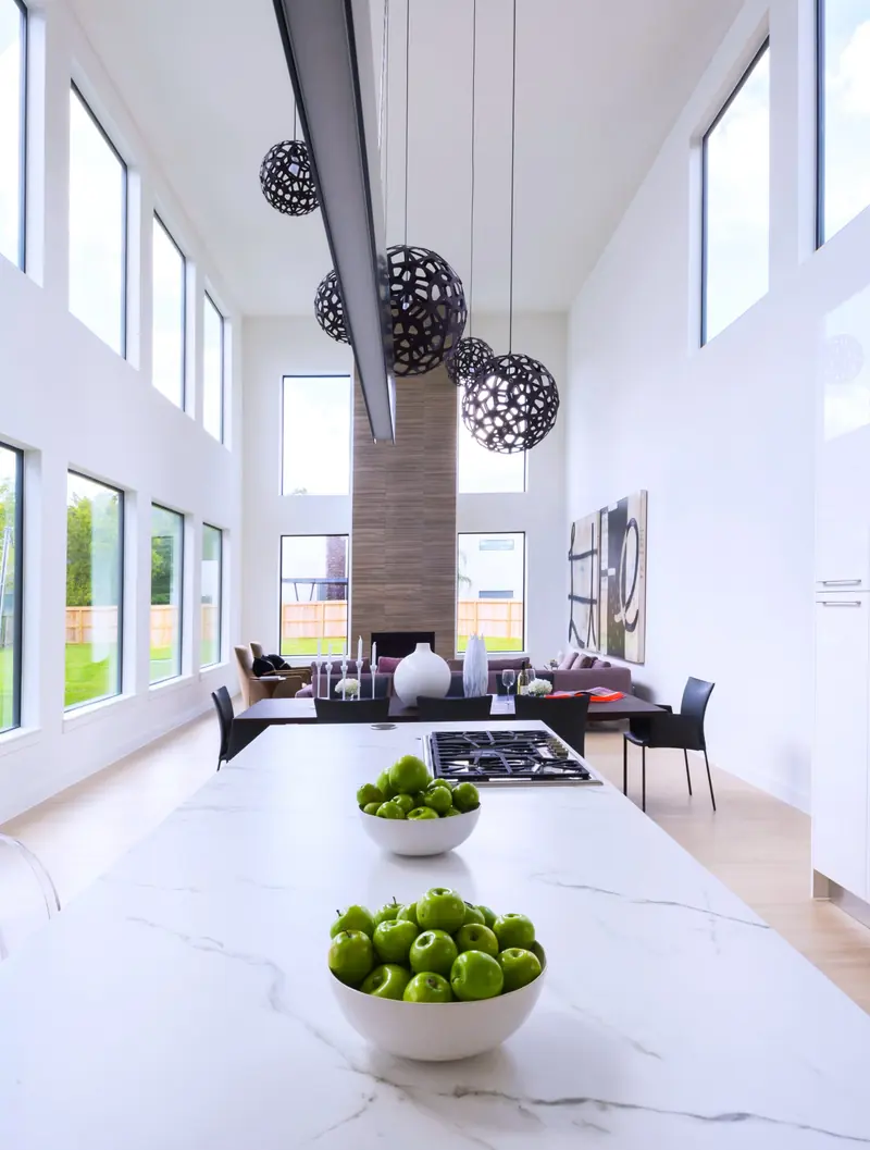 Kitchen island overlooking the double-height living room